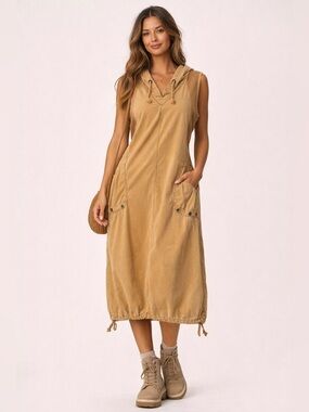 XCVI Hooded Drawstring Midi Dress Butternut Cotton Stretch Utility Pockets M